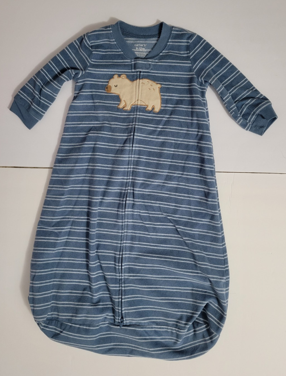 Carter's 9-12M Blue Striped Bear Fleece Sleep Sack Long Sleeve Wearable Blanket